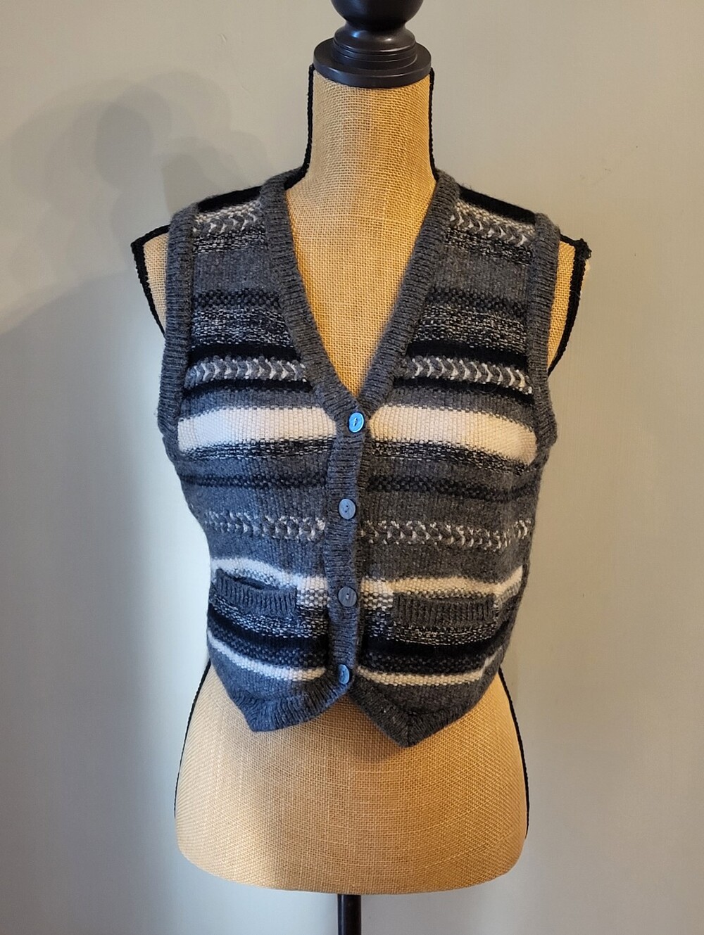 London Fog Wool Button-up Vest Gray/Black/Ivory Stripes Medium